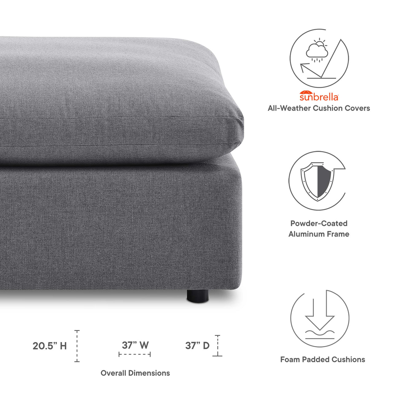Angelic Sunbrella® Alfresco Ottoman | Outdoor Modular Sectional Component, Gray