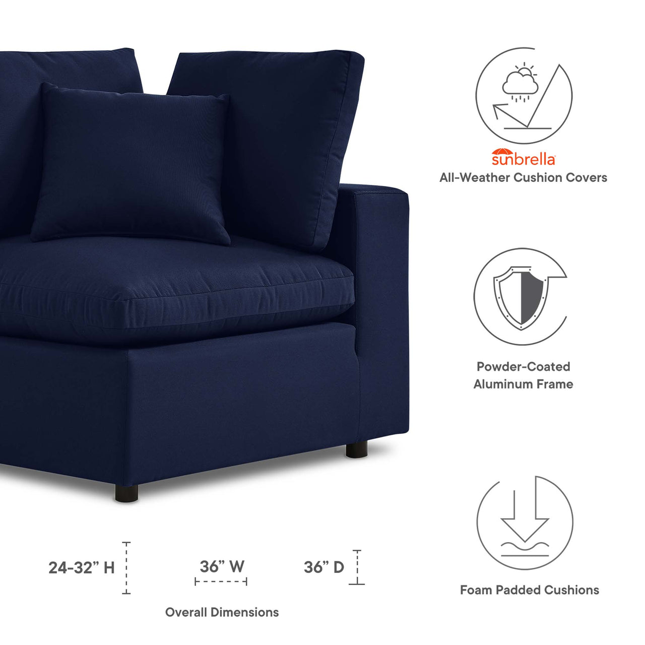 Angelic Sunbrella® Alfresco Corner Chair | Outdoor Modular Sectional Component, Navy
