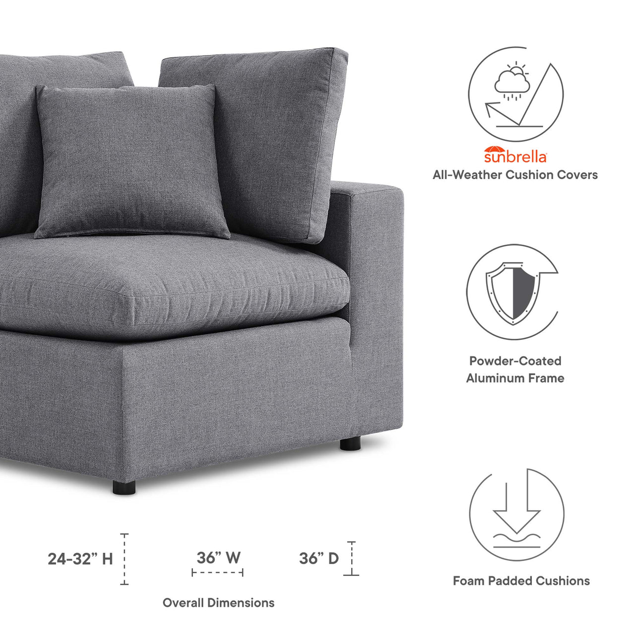 Angelic Sunbrella® Alfresco Corner Chair | Outdoor Modular Sectional Component, Gray