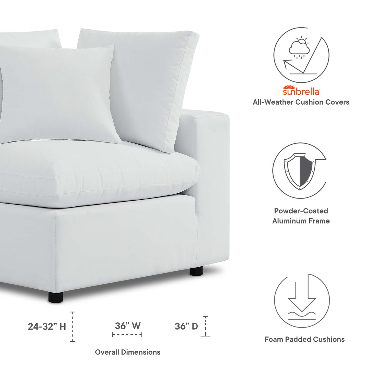 Angelic Sunbrella® Alfresco Corner Chair | Outdoor Modular Sectional Component, White