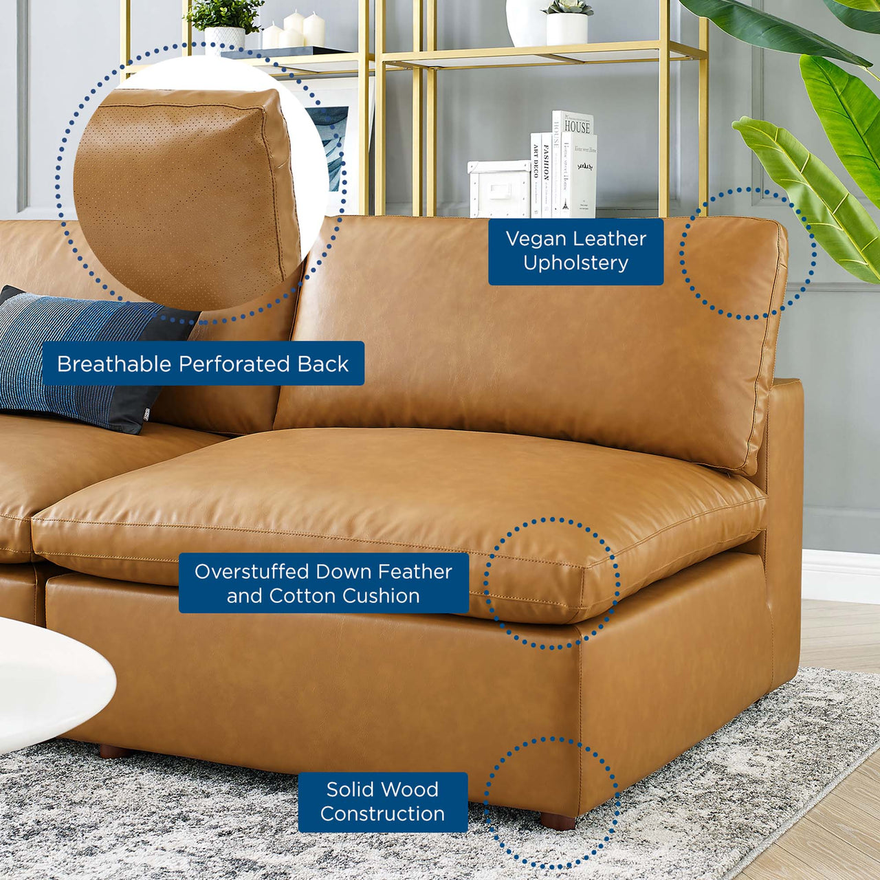 Angelic 5-Piece Cloudblend Eco-Leather Sectional, Tan