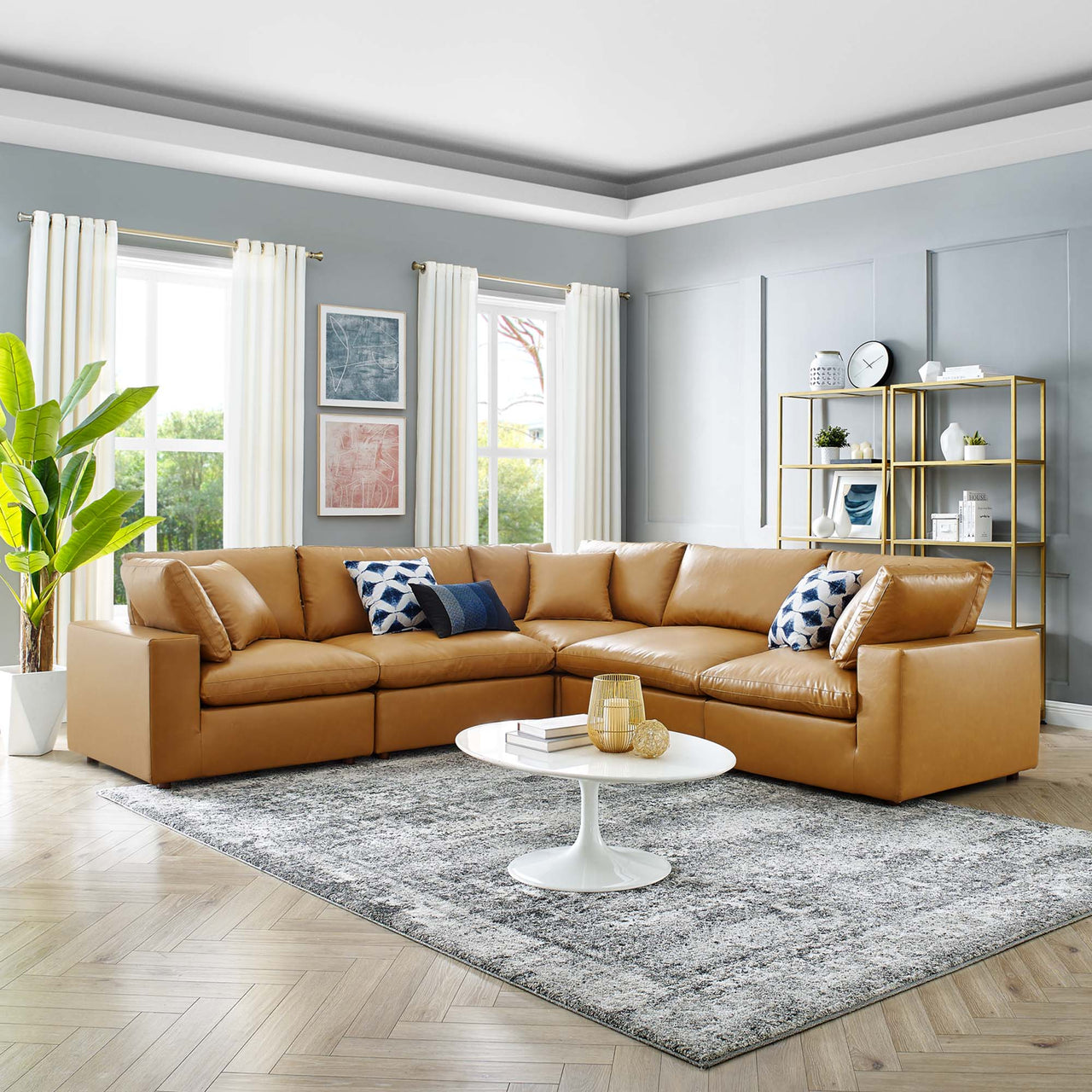 Angelic 5-Piece Cloudblend Eco-Leather Sectional, Tan