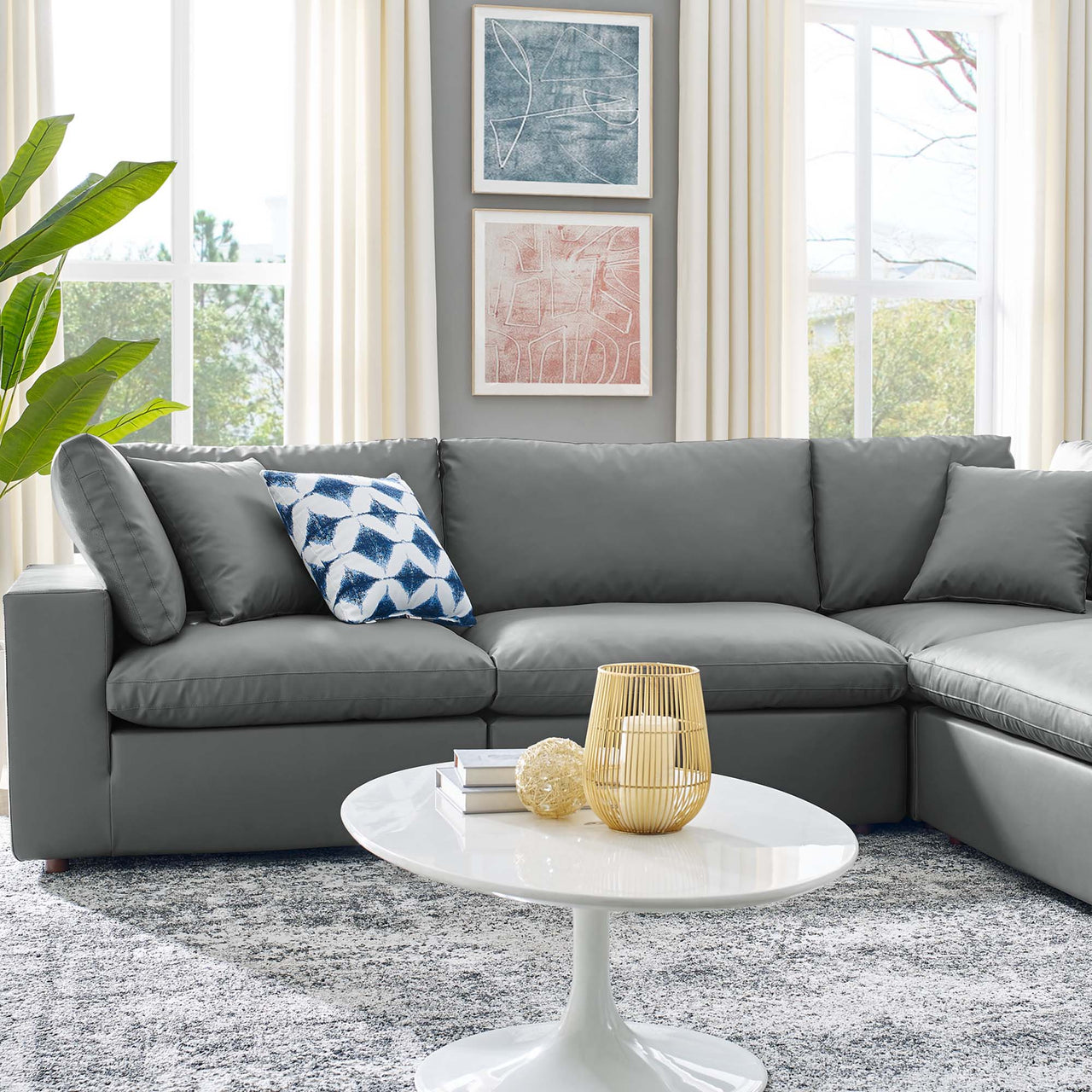 Commix 6-Piece Down Filled Overstuffed Vegan Leather Sectional, Gray