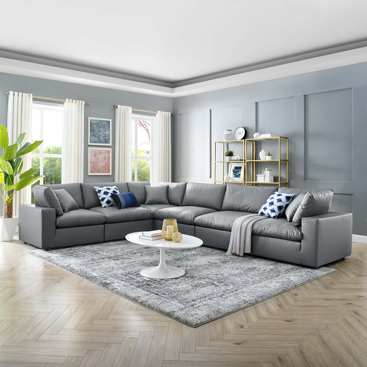 Commix 6-Piece Down Filled Overstuffed Vegan Leather Sectional, Gray