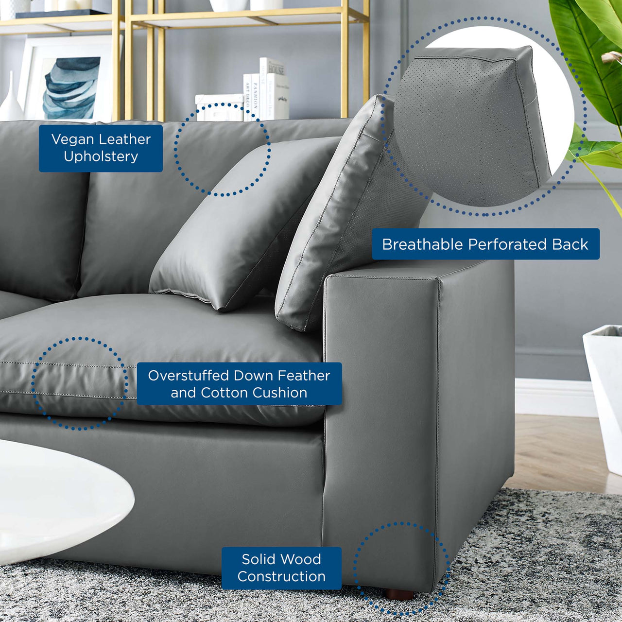Commix 6-Piece Down Filled Overstuffed Vegan Leather Sectional, Gray