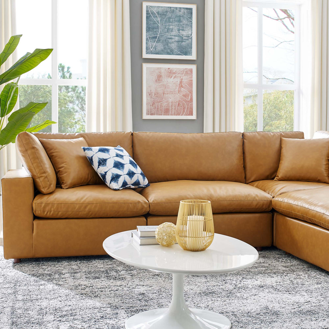 Commix 6-Piece Down Filled Overstuffed Vegan Leather Sectional, Tan