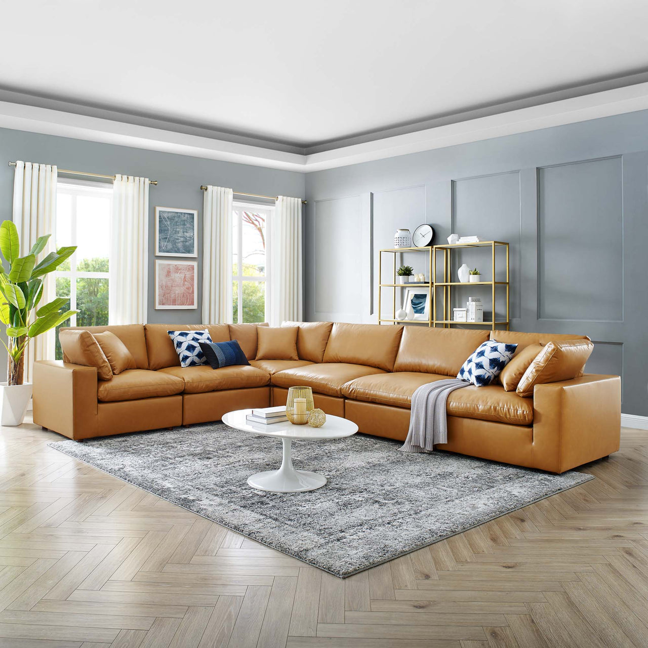 Commix 6-Piece Down Filled Overstuffed Vegan Leather Sectional, Tan