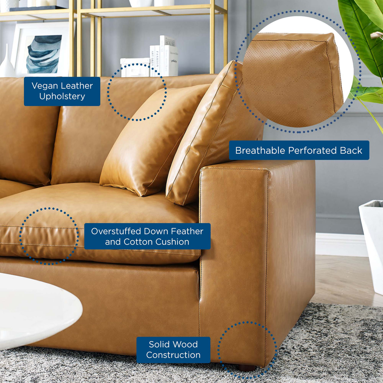 Commix 6-Piece Down Filled Overstuffed Vegan Leather Sectional, Tan