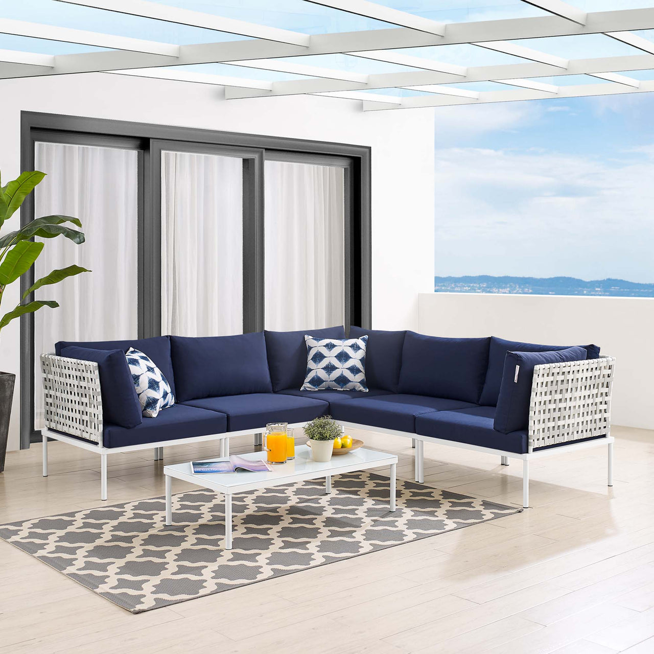 Harmonize 6-Piece Sunbrella® Basket Weave Alfresco Sectional Sofa Set, Taupe & Navy
