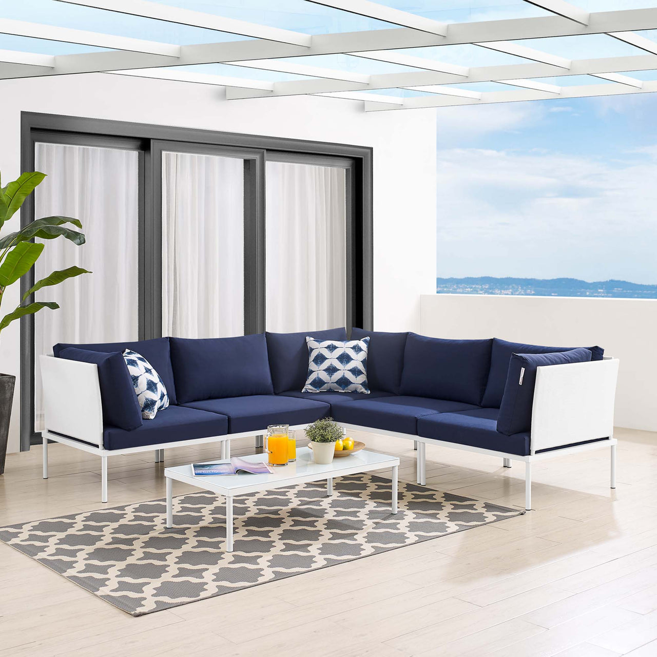 Harmonize 6-Piece Sunbrella® Alfresco Sectional Sofa Set, White & Navy