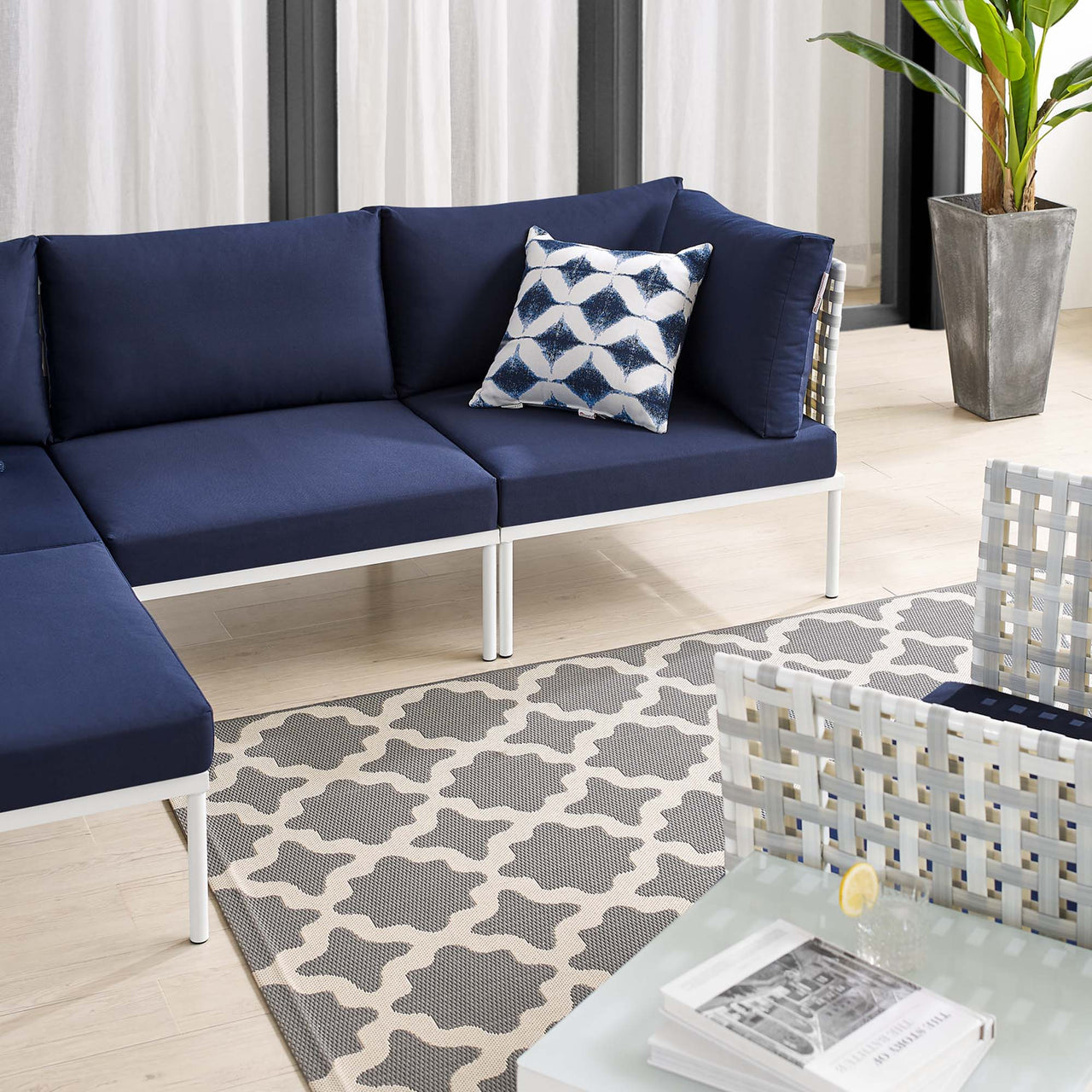 Harmonize 6-Piece Sunbrella® Basket Weave Alfresco Seating Set, Taupe & Navy