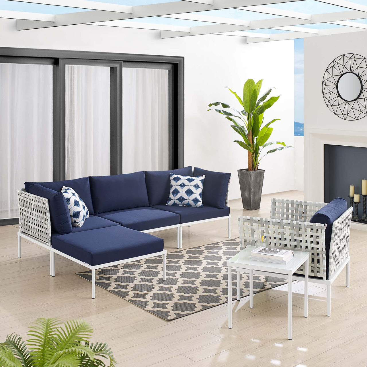 Harmonize 6-Piece Sunbrella® Basket Weave Alfresco Seating Set, Taupe & Navy