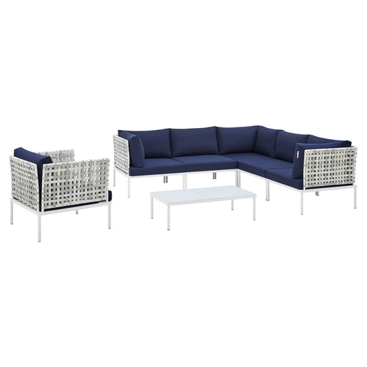 Harmonize 7-Piece Sunbrella® Basket Weave Alfresco Sectional Sofa Set, Taupe & Navy