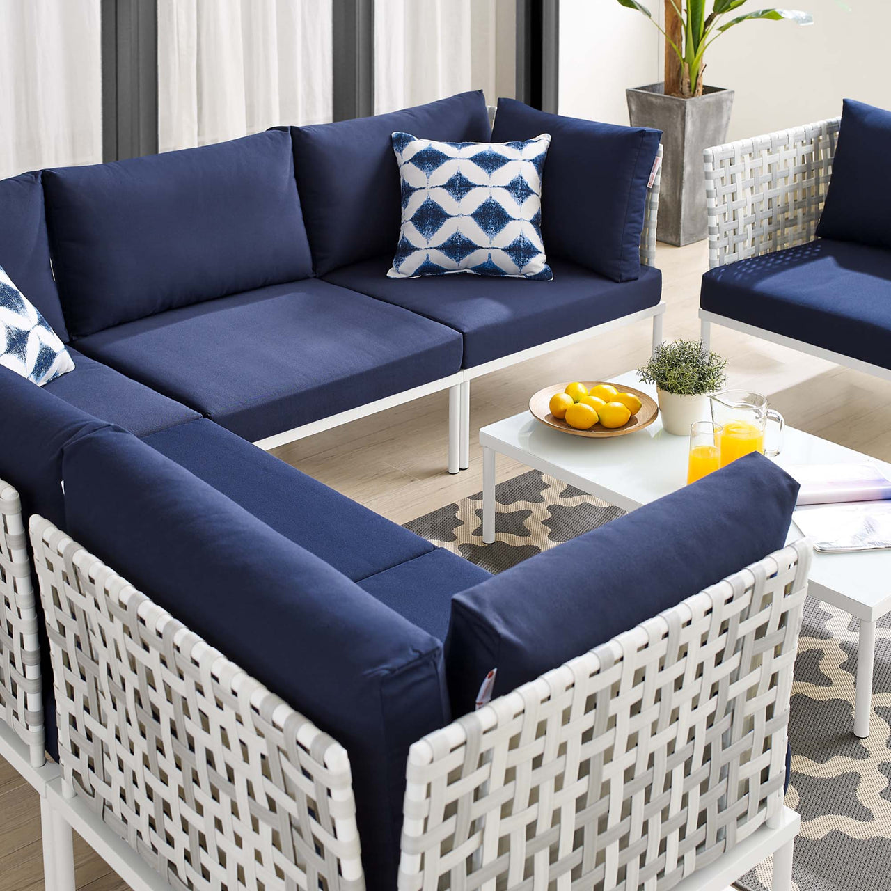 Harmonize 7-Piece Sunbrella® Basket Weave Alfresco Sectional Sofa Set, Taupe & Navy