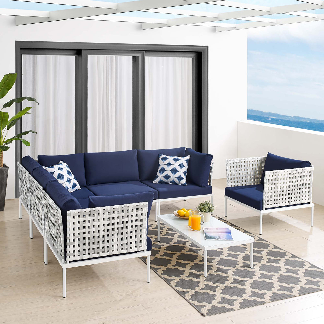 Harmonize 7-Piece Sunbrella® Basket Weave Alfresco Sectional Sofa Set, Taupe & Navy