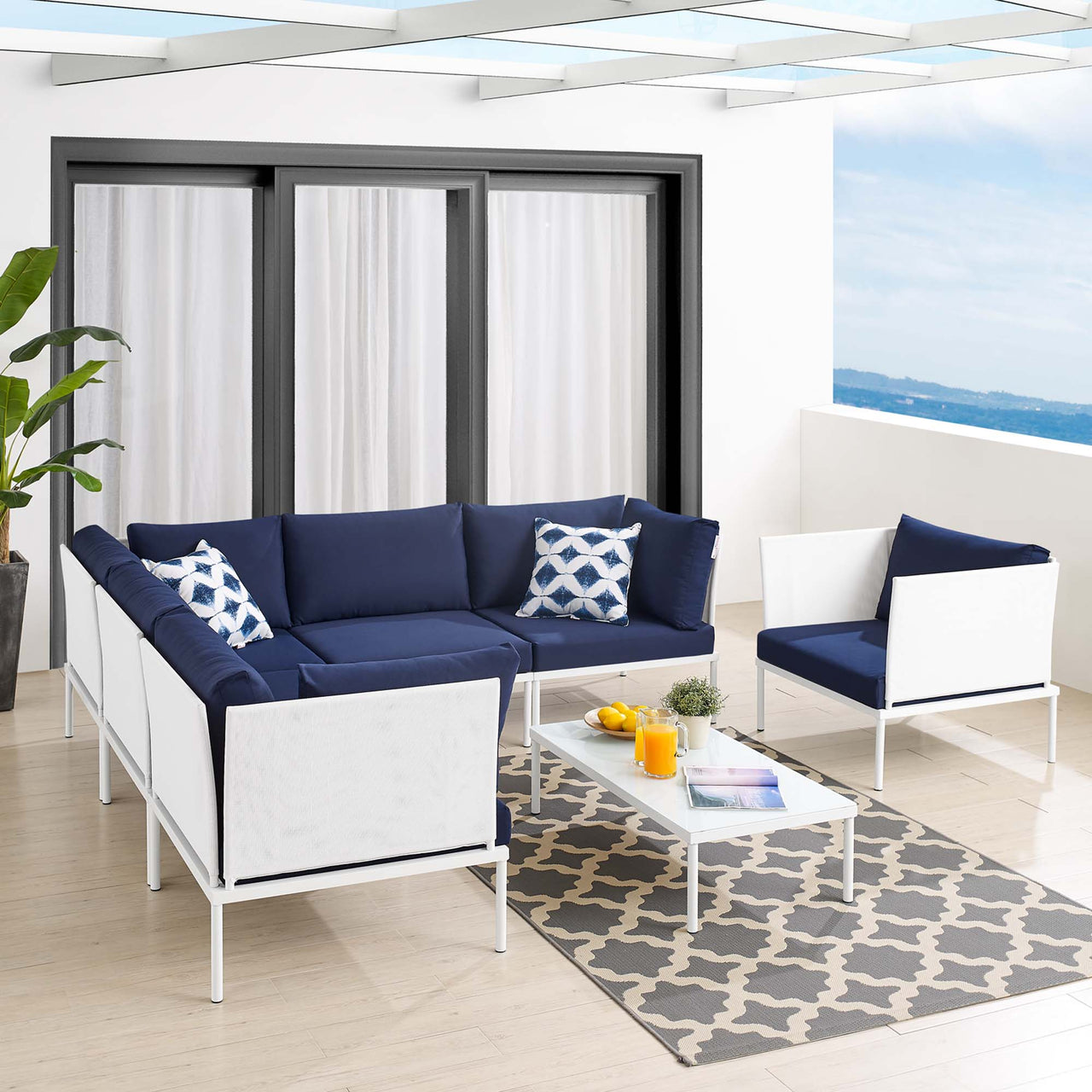 Harmonize 7-Piece Sunbrella® Alfresco Sectional Sofa Set, White & Navy