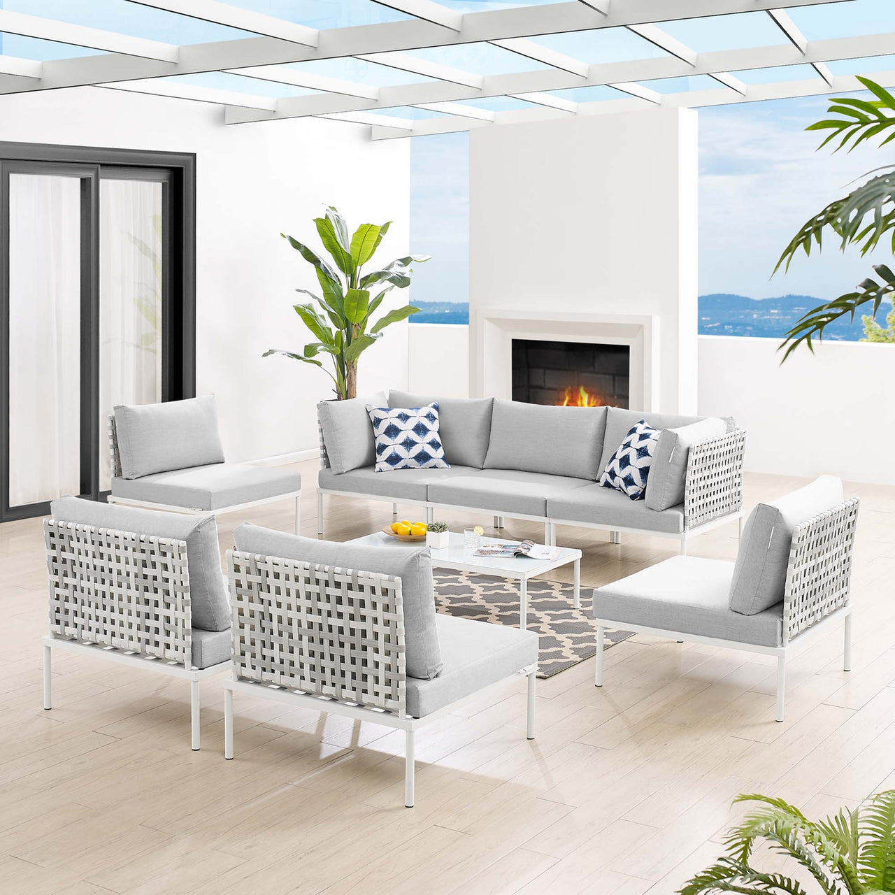 Harmonize 8-Piece Sunbrella® Basket Weave Alfresco Sectional Sofa Set, Taupe & Gray