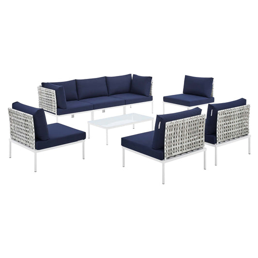 Harmonize 8-Piece Sunbrella® Basket Weave Alfresco Sectional Sofa Set, Taupe & Navy