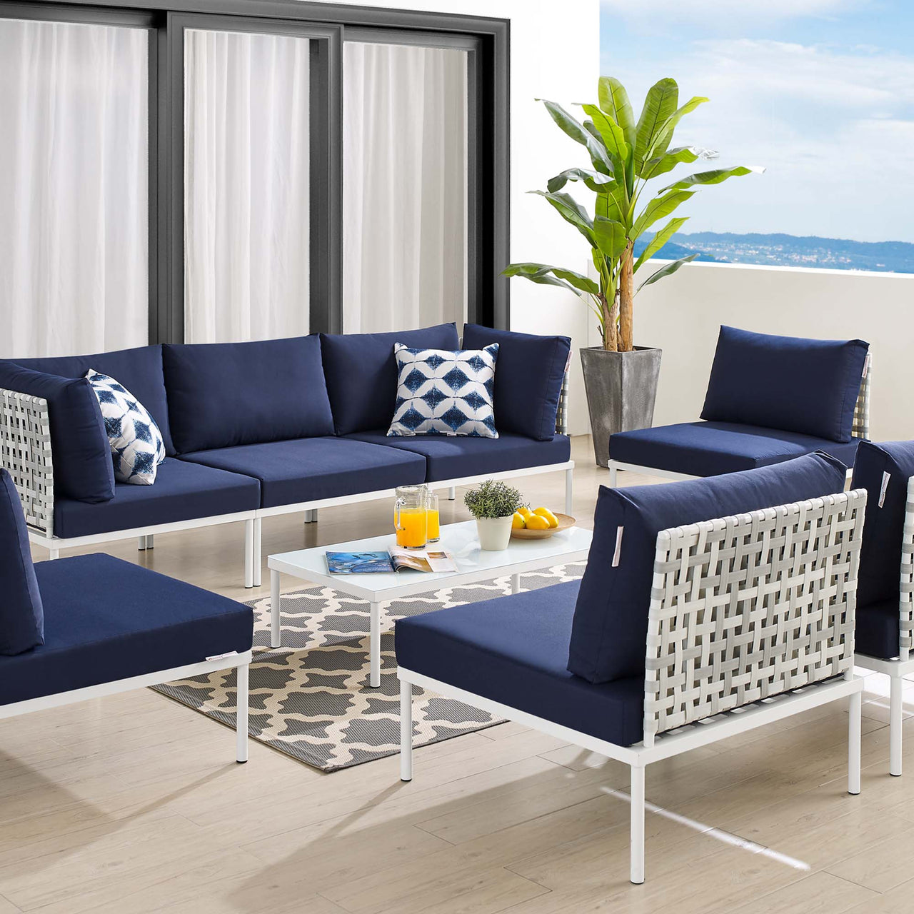 Harmonize 8-Piece Sunbrella® Basket Weave Alfresco Sectional Sofa Set, Taupe & Navy