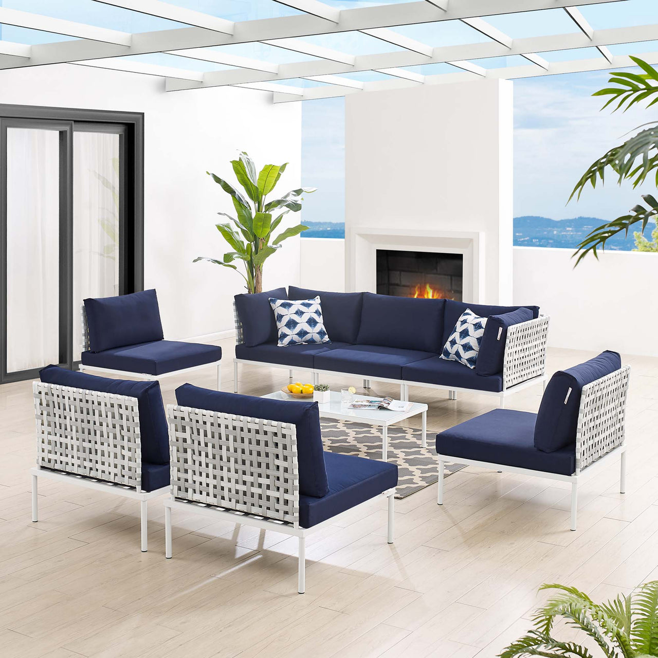 Harmonize 8-Piece Sunbrella® Basket Weave Alfresco Sectional Sofa Set, Taupe & Navy