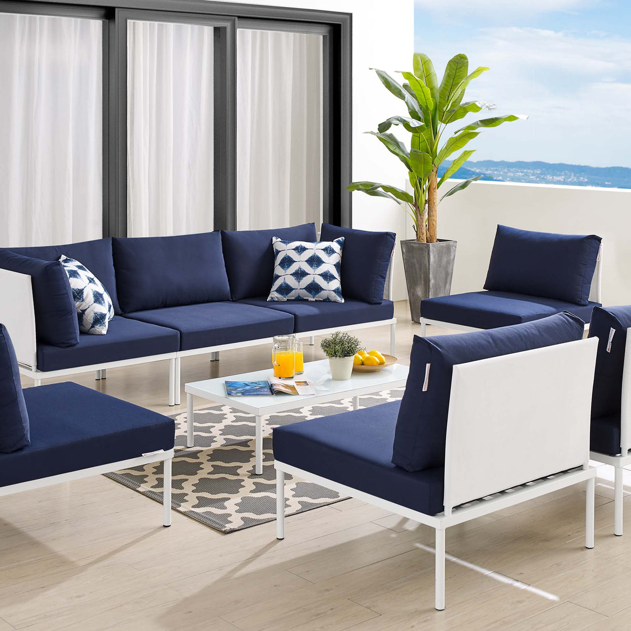 Harmonize 8-Piece Sunbrella® Alfresco Sectional Sofa Set, White & Navy
