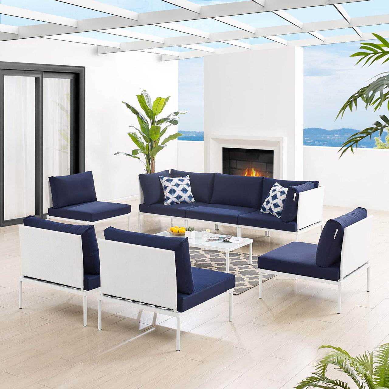 Harmonize 8-Piece Sunbrella® Alfresco Sectional Sofa Set, White & Navy