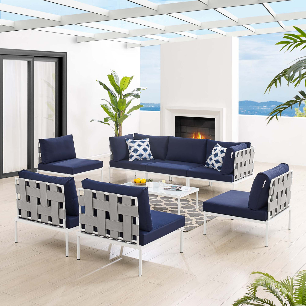 Harmonize 8-Piece Sunbrella® Alfresco All Mesh Sectional Sofa Set, Gray & Navy