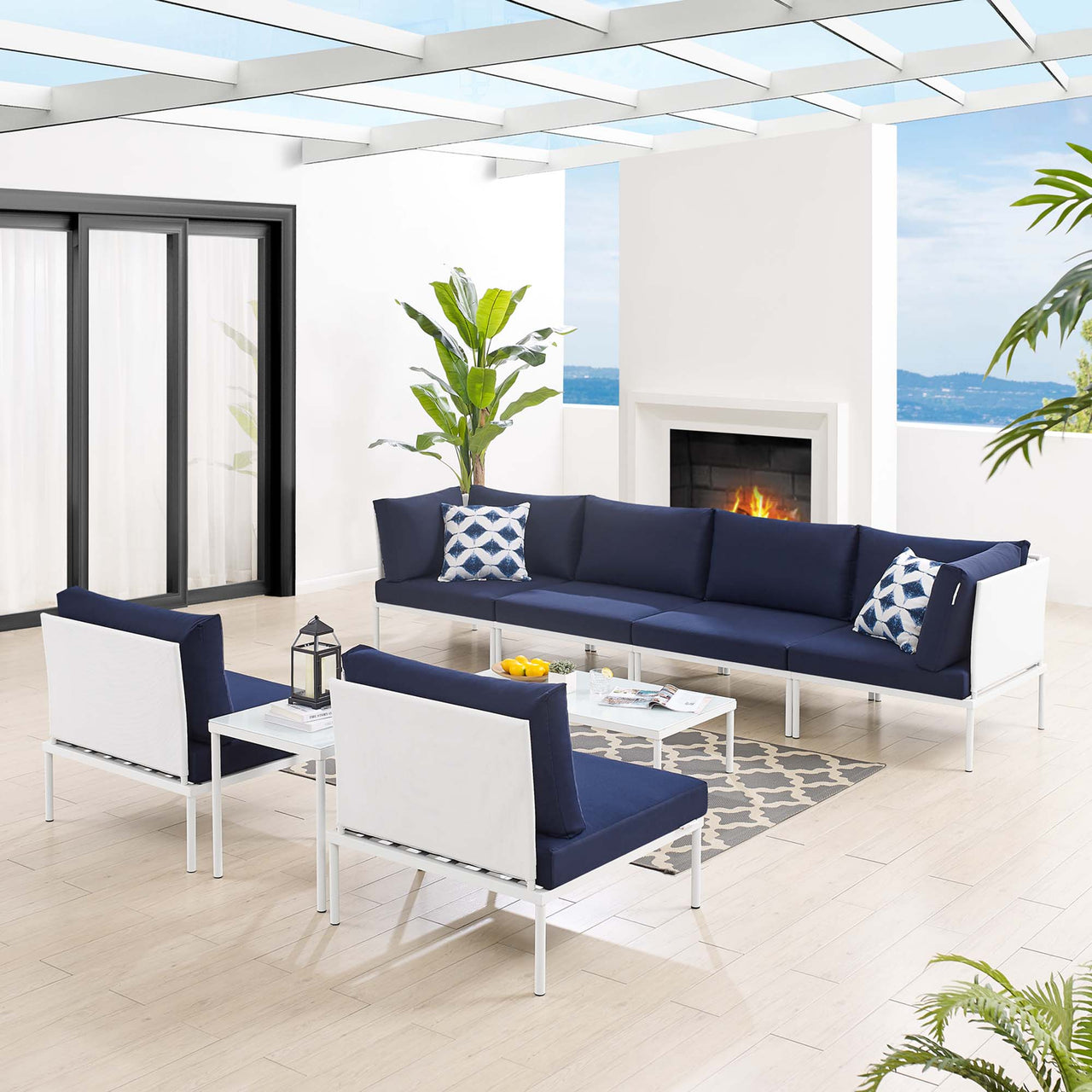 Harmonize 8-Piece Sunbrella® Alfresco Sectional Sofa Set, White & Navy
