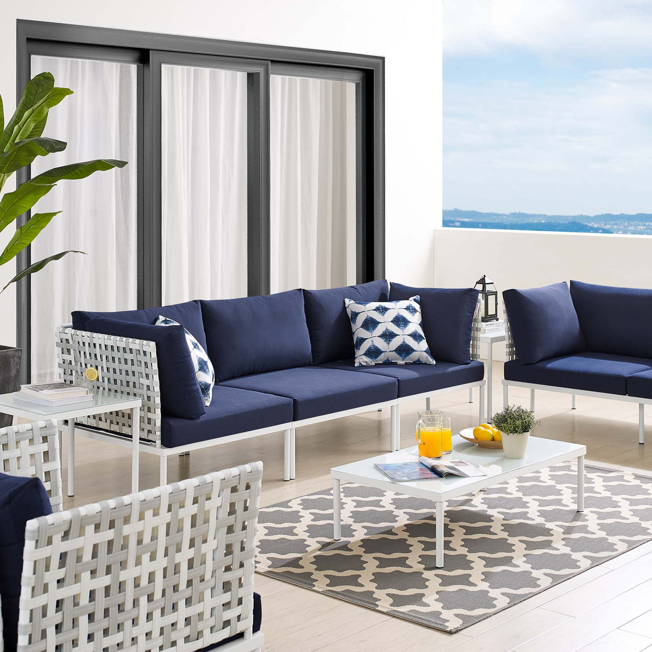 Harmonize 8-Piece Sunbrella® Basket Weave Alfresco Seating Set, Taupe & Navy