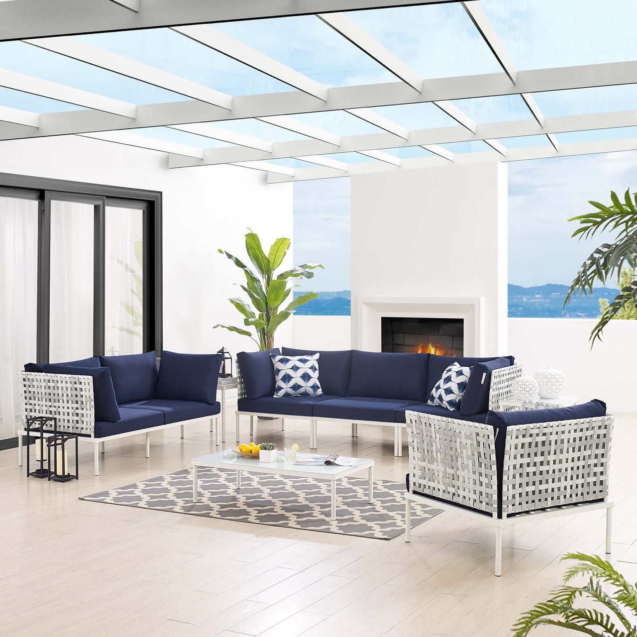 Harmonize 8-Piece Sunbrella® Basket Weave Alfresco Seating Set, Taupe & Navy