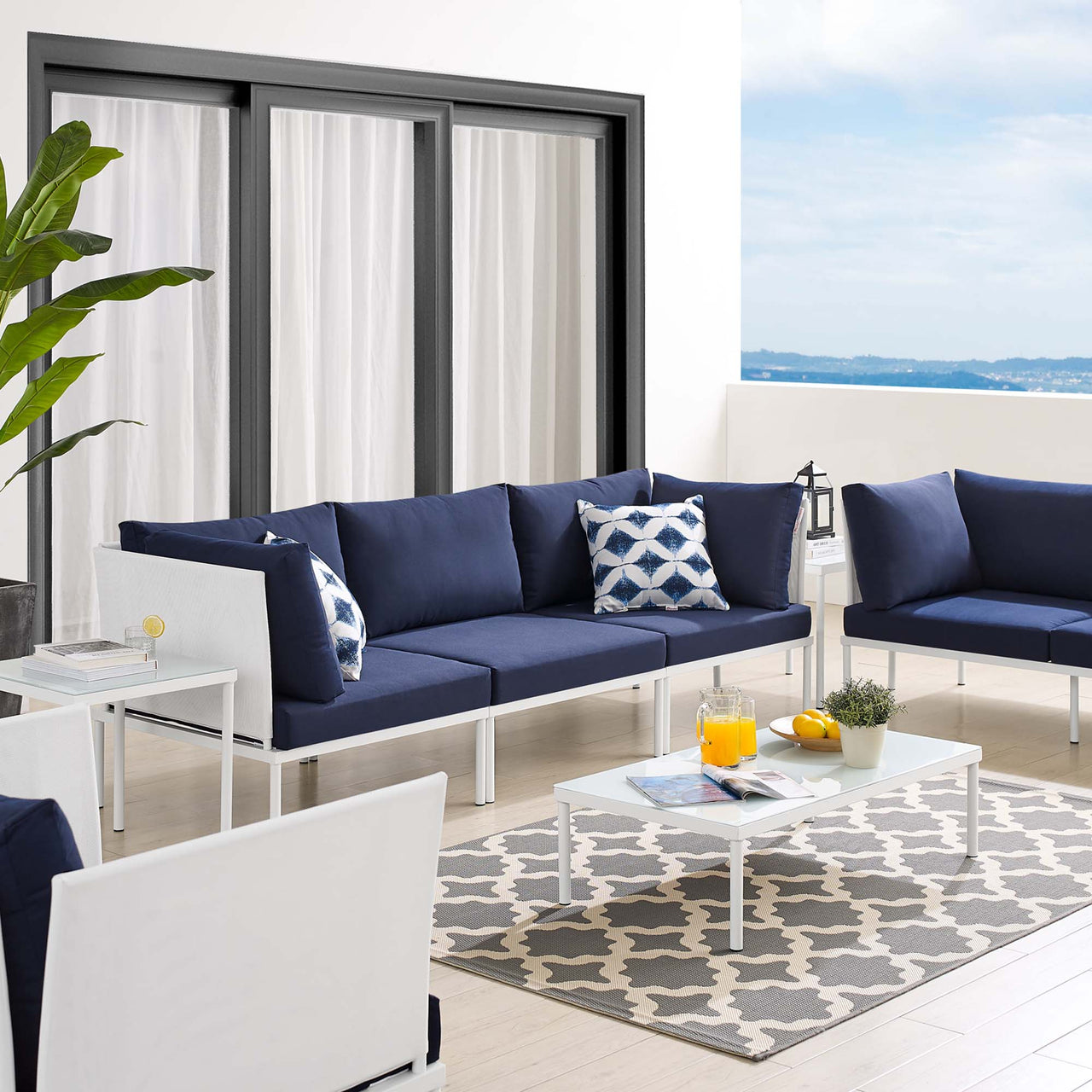 Harmonize 8-Piece Sunbrella® Alfresco Seating Set, White & Navy