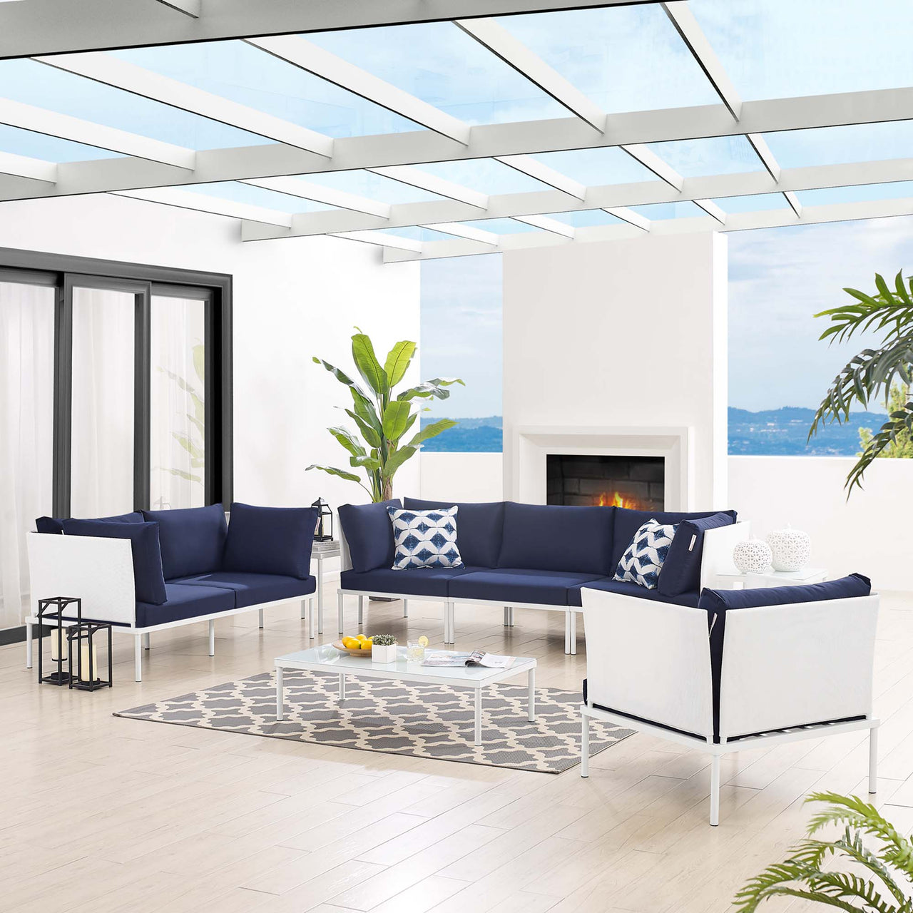 Harmonize 8-Piece Sunbrella® Alfresco Seating Set, White & Navy