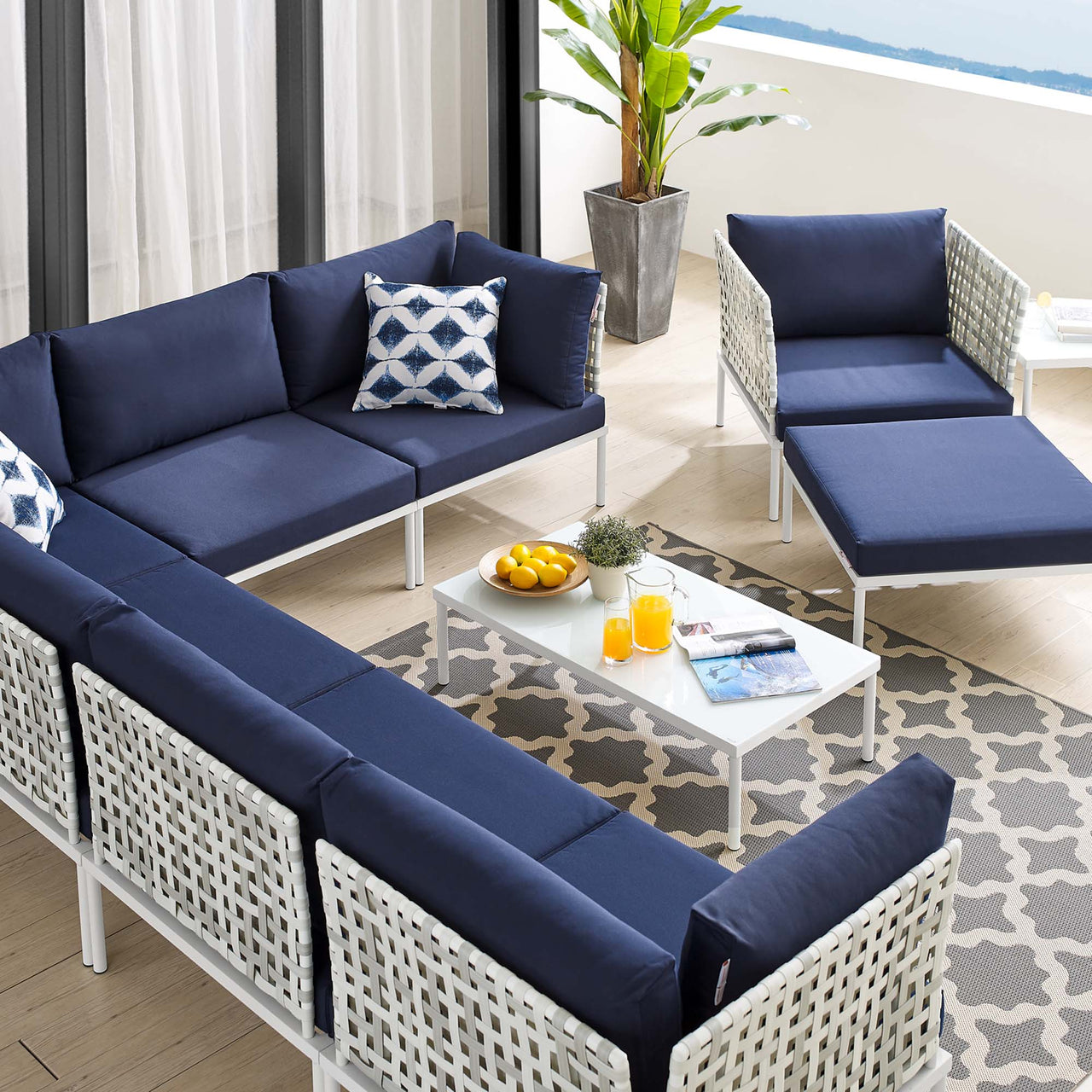 Harmonize 10-Piece Sunbrella® Basket Weave Alfresco Sectional Sofa Set, Taupe & Navy