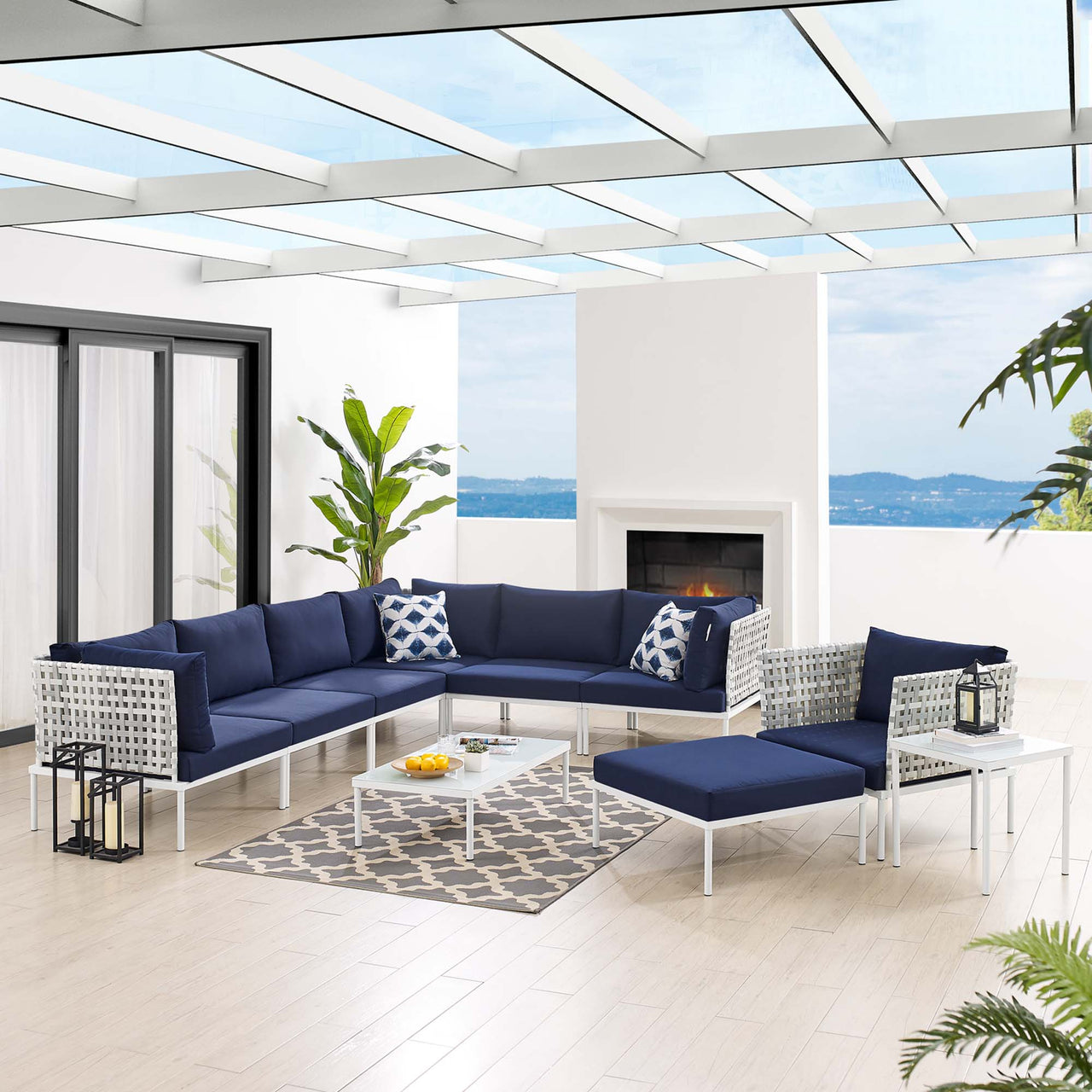 Harmonize 10-Piece Sunbrella® Basket Weave Alfresco Sectional Sofa Set, Taupe & Navy