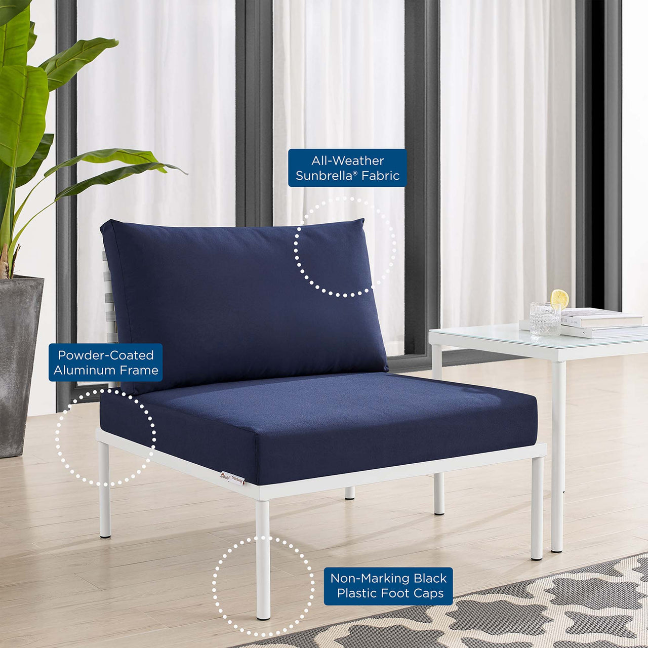 Harmonize Sunbrella® Basket Weave Alfresco Armless Chair | Outdoor Modular Sectional Component, Taupe & Navy
