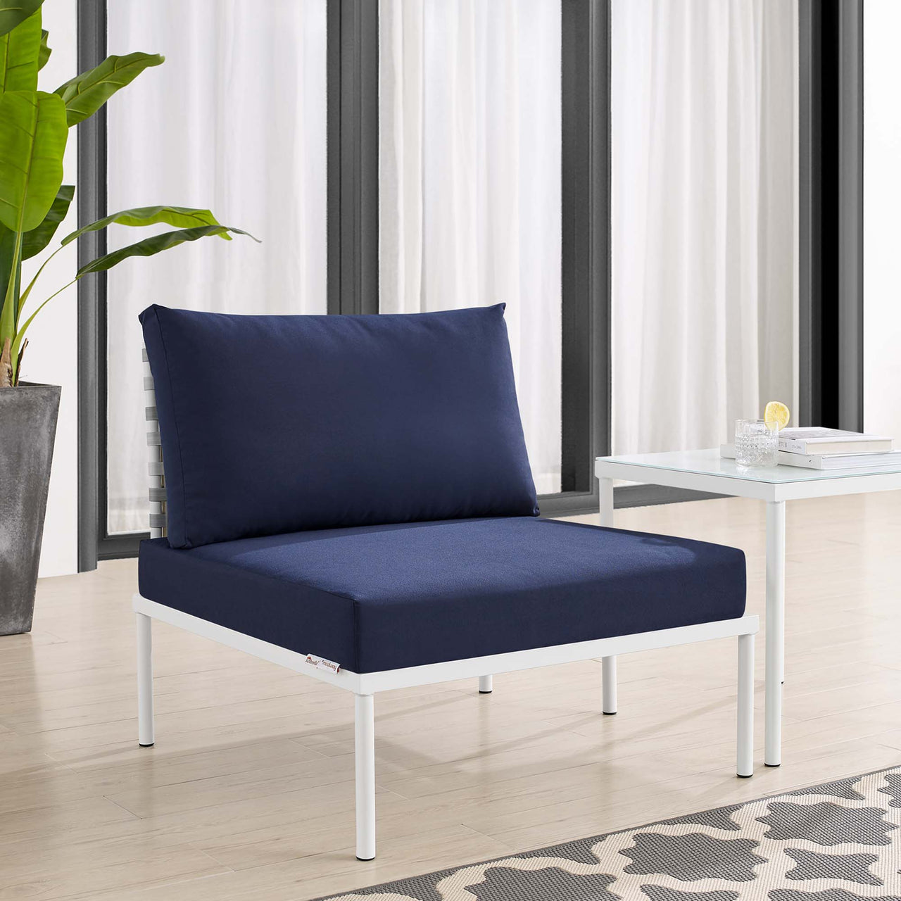 Harmonize Sunbrella® Basket Weave Alfresco Armless Chair | Outdoor Modular Sectional Component, Taupe & Navy