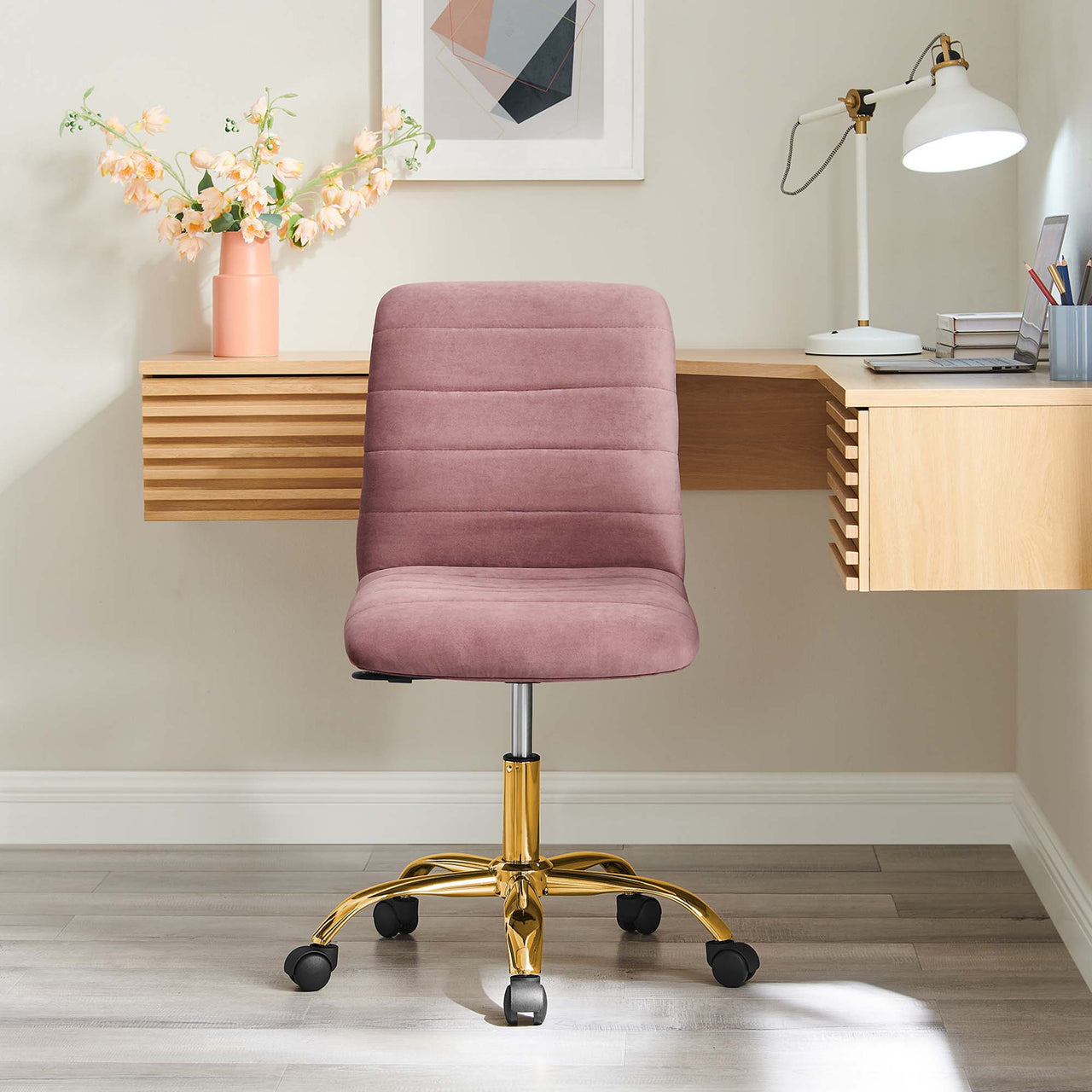 Drift Armless Velvet Office Chair, Gold & Dusty Rose