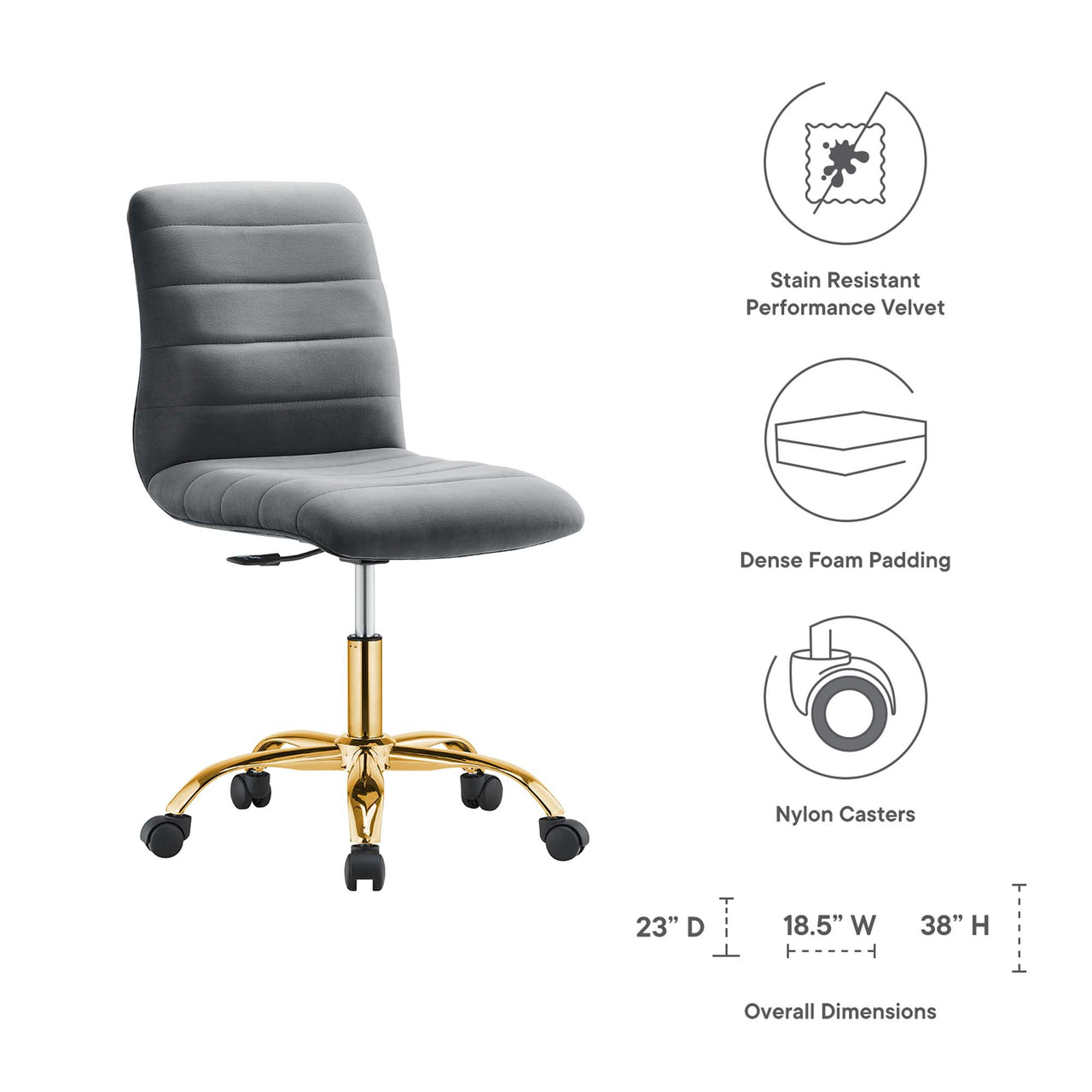 Drift Armless Velvet Office Chair, Gold & Gray