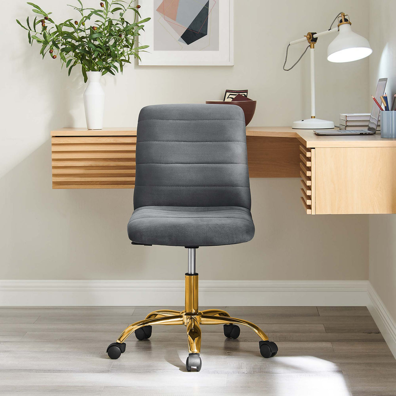 Drift Armless Velvet Office Chair, Gold & Gray
