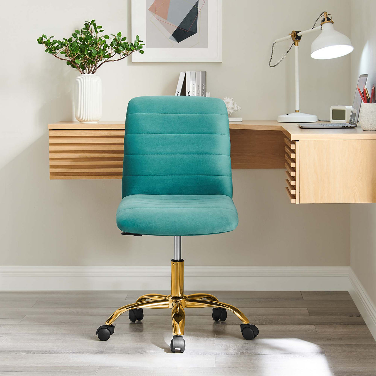 Drift Armless Velvet Office Chair, Gold & Teal
