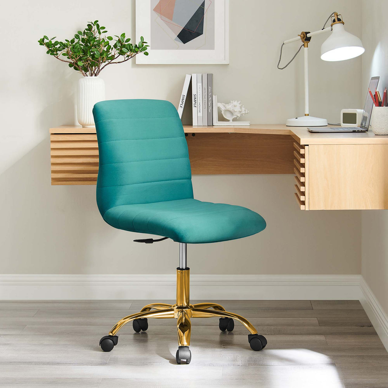 Drift Armless Velvet Office Chair, Gold & Teal