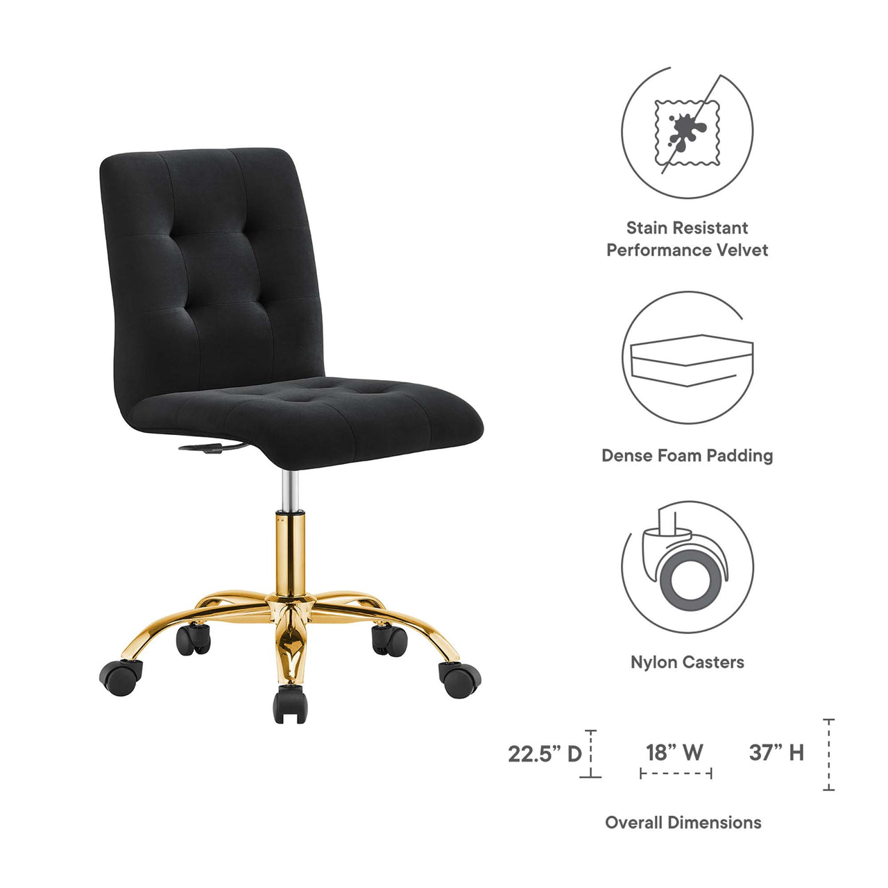 Quartz Armless Velvet Office Chair, Gold & Black