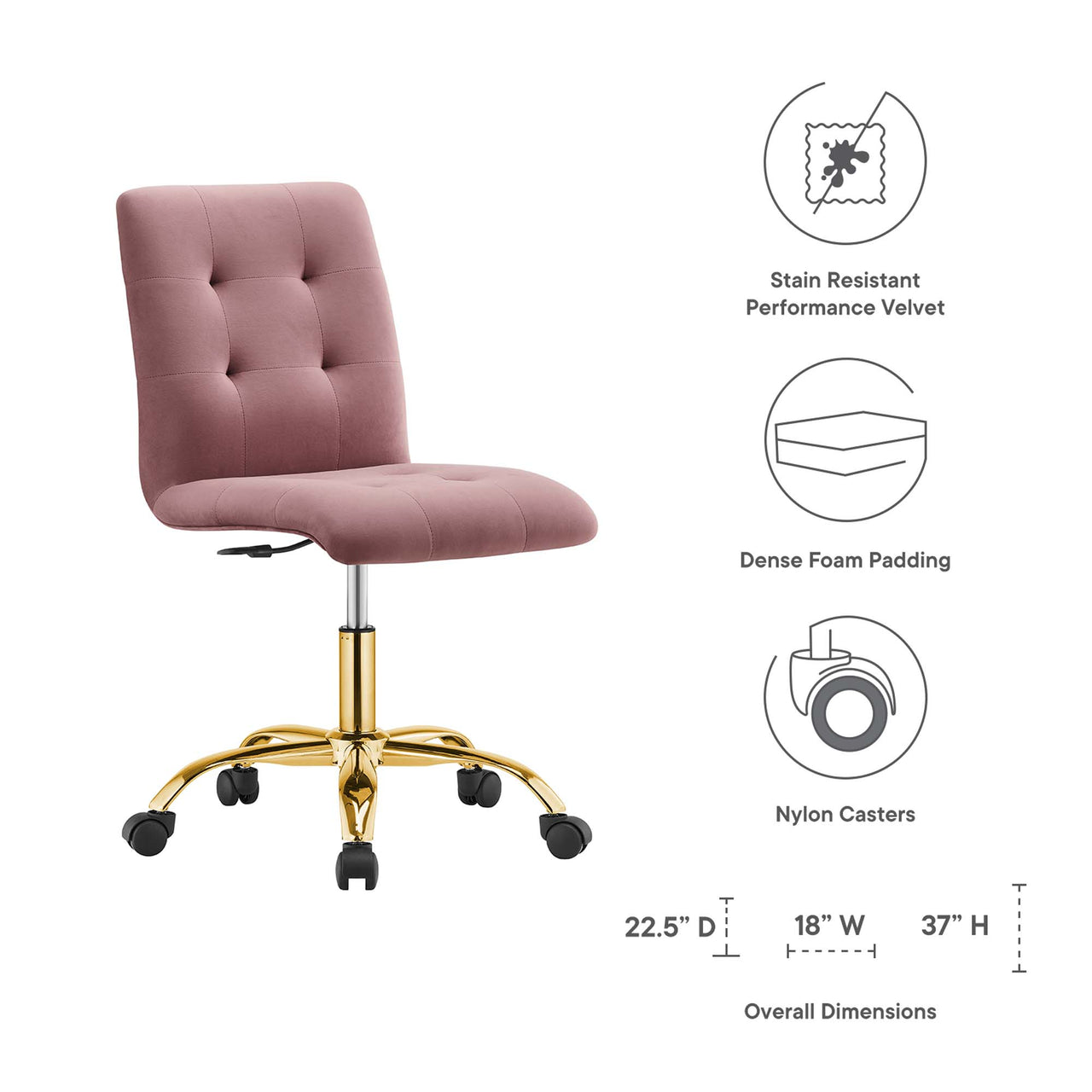 Quartz Armless Velvet Office Chair, Gold & Dusty Rose