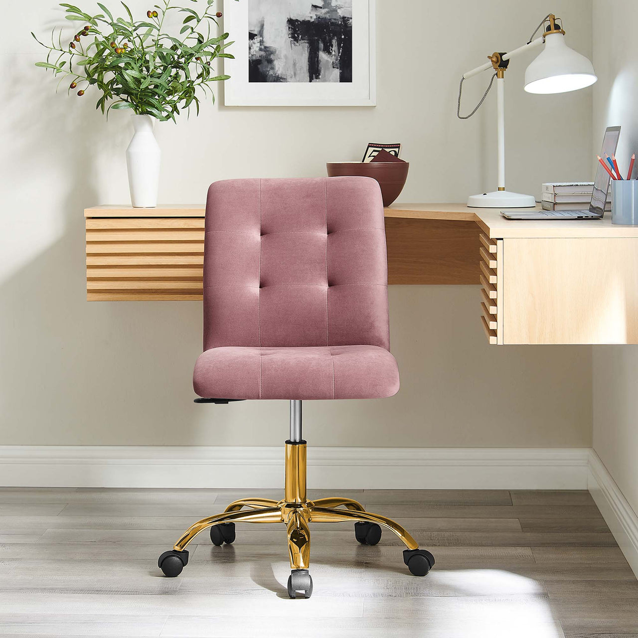 Quartz Armless Velvet Office Chair, Gold & Dusty Rose