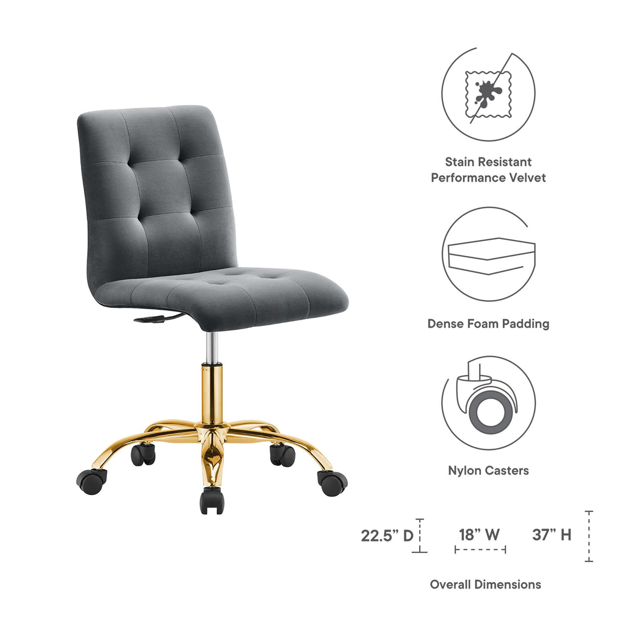 Quartz Armless Velvet Office Chair, Gold & Gray