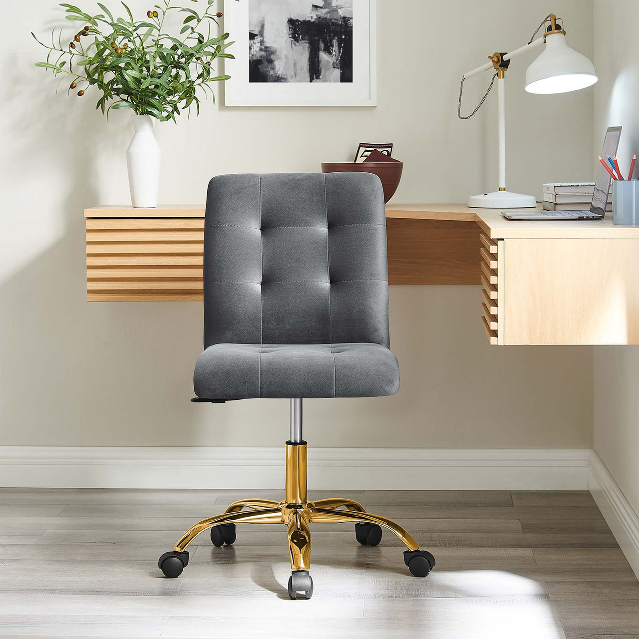 Quartz Armless Velvet Office Chair, Gold & Gray