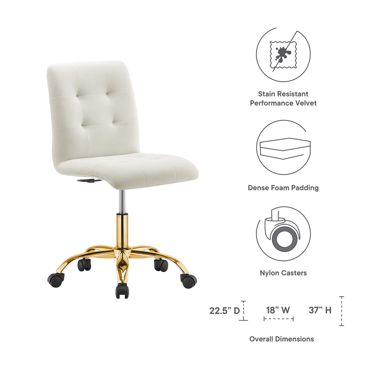 Quartz Armless Velvet Office Chair, Gold & Ivory
