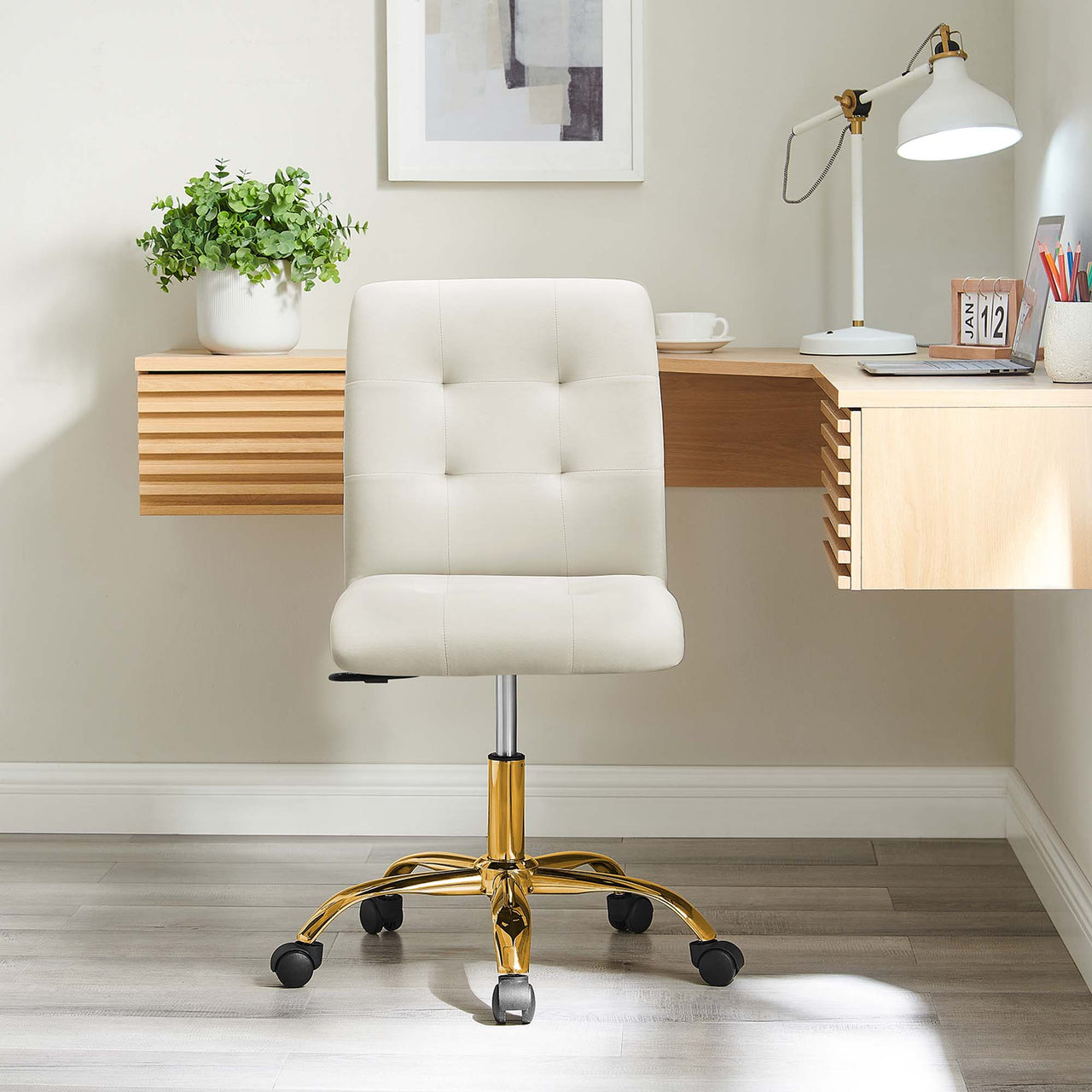 Quartz Armless Velvet Office Chair, Gold & Ivory