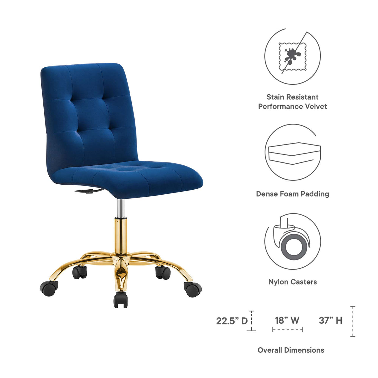 Quartz Armless Velvet Office Chair, Gold & Navy