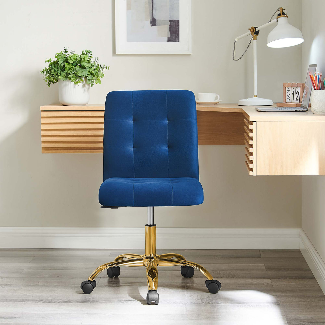 Quartz Armless Velvet Office Chair, Gold & Navy